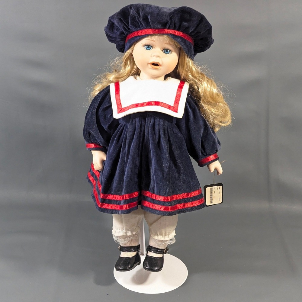 Joiner Limited Edition Porcelain Doll Navy Blue Velvet Sailor Dress 15.5 Inch